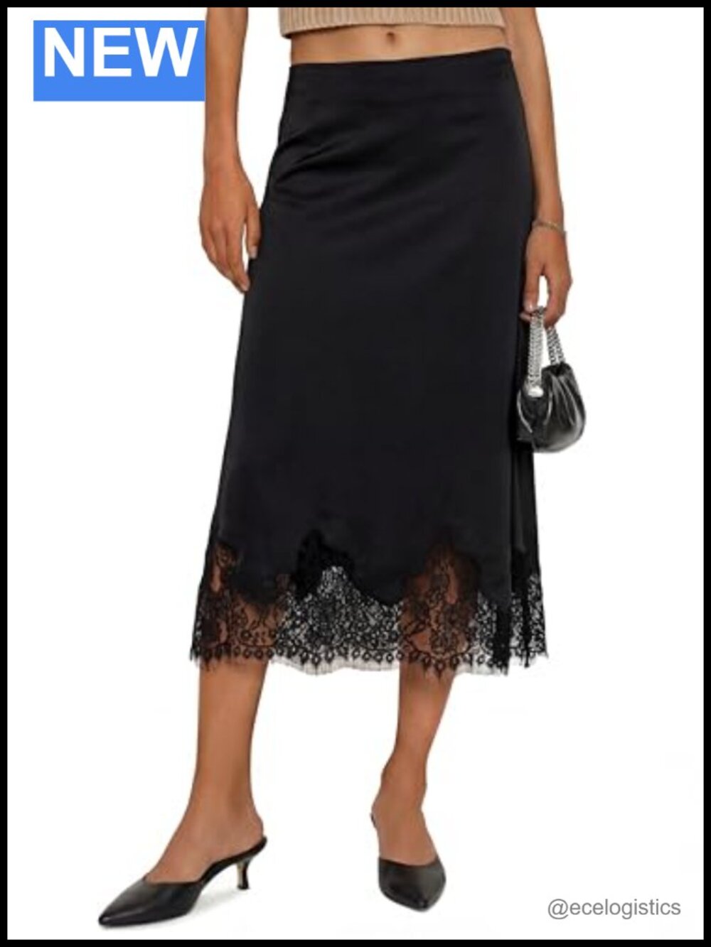Satin Midi Skirt with Lace Hem, High Waist A-Line Mermaid Style